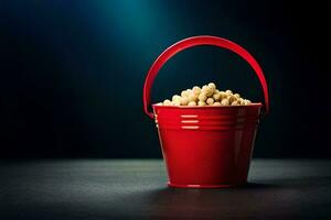 uma vermelho balde preenchidas com amendoim em uma Sombrio fundo. gerado por IA foto