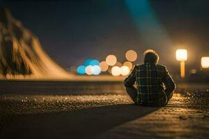 uma homem sentado em a estrada às noite. gerado por IA foto