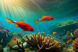 foto papel de parede peixe, coral, sol, coral recife, peixe, coral recife, peixe, coral. gerado por IA