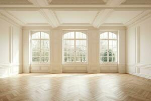 esvaziar quarto interior com de madeira chão com luz e suave clarabóia a partir de janela. ai generativo foto