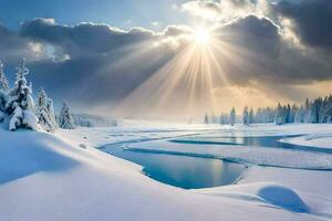 foto papel de parede a céu, neve, árvores, rio, sol, raios, a sol, inverno. gerado por IA