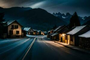 uma rua dentro a montanhas às noite. gerado por IA foto