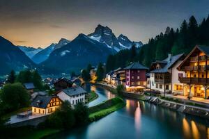 foto papel de parede montanhas, rio, casas, cidade, Alpes, Suíça, Europa,. gerado por IA