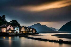 uma casa senta em a costa do uma lago às crepúsculo. gerado por IA foto