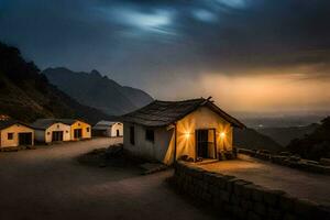 uma pequeno cabana dentro a montanhas às noite. gerado por IA foto