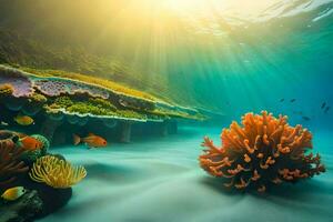 embaixo da agua cena com coral e peixe. gerado por IA foto