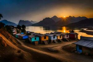 colorida casas em a costa do uma lago às pôr do sol. gerado por IA foto