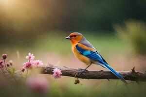 uma azul e laranja pássaro sentado em uma ramo. gerado por IA foto