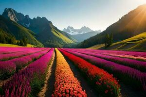 uma campo do flores com montanhas dentro a fundo. gerado por IA foto