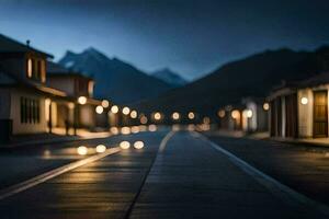 uma rua às noite com luzes em a estrada. gerado por IA foto