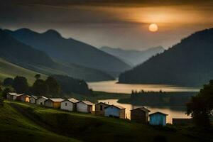 foto papel de parede a céu, montanhas, lago, a sol, a montanhas, a lago, o. gerado por IA