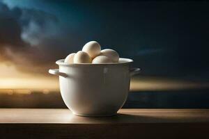 uma branco tigela preenchidas com ovos em uma mesa. gerado por IA foto