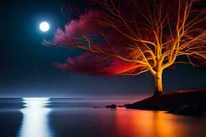 uma árvore com vermelho folhas e uma cheio lua dentro a céu. gerado por IA foto