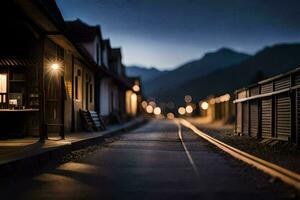 uma trem faixas dentro a meio do uma Cidade às noite. gerado por IA foto