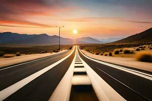 uma grandes esvaziar estrada dentro a deserto com a Sol contexto. gerado por IA foto