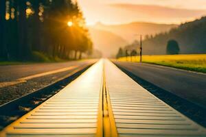 uma trem rastrear conduzindo para a pôr do sol. gerado por IA foto