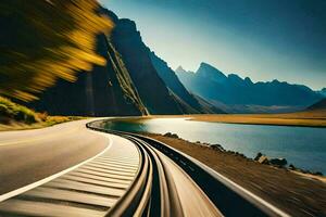 uma trem viajando baixa uma estrada com montanhas dentro a fundo. gerado por IA foto