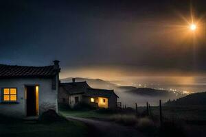 foto papel de parede a céu, névoa, a lua, a casa, a luz, a casa,. gerado por IA