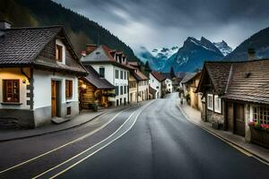 uma rua dentro a montanhas com casas e montanhas dentro a fundo. gerado por IA foto