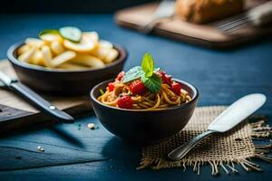 espaguete com tomate e manjericão. gerado por IA foto