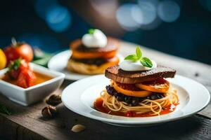 Comida em uma prato com tomates, massa e de outros ingredientes. gerado por IA foto