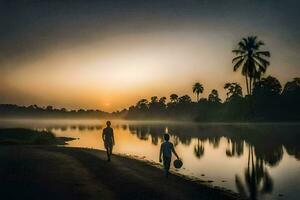 dois pessoas caminhando ao longo a costa às pôr do sol. gerado por IA foto