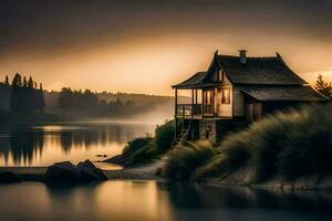 uma pequeno casa senta em a costa do uma lago às pôr do sol. gerado por IA foto