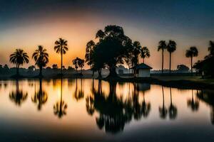 uma lago com Palma árvores às pôr do sol. gerado por IA foto