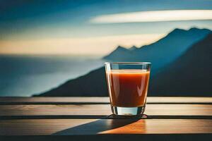 vidro do laranja suco em uma de madeira mesa dentro frente do uma montanha. gerado por IA foto