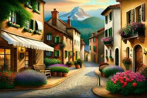 uma pintura do uma rua dentro Itália com flores e edifícios. gerado por IA foto