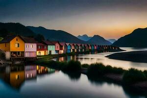 colorida casas em a costa do uma lago às pôr do sol. gerado por IA foto