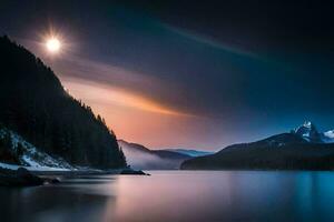 uma lindo pôr do sol sobre uma lago e montanhas. gerado por IA foto