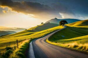 a estrada para a pôr do sol. gerado por IA foto