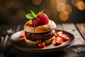 uma Hamburger com morangos e uma garfo. gerado por IA foto