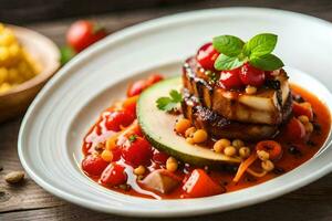 uma prato do Comida com legumes e eu no. gerado por IA foto