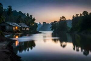 uma casa senta em a banco do uma rio às pôr do sol. gerado por IA foto