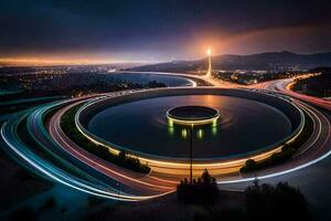 uma circular estrada com luzes e tráfego. gerado por IA foto