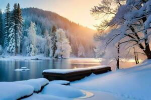 inverno panorama com neve coberto árvores e uma lago. gerado por IA foto