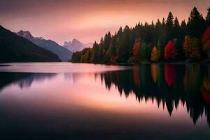 uma lago cercado de árvores e montanhas às pôr do sol. gerado por IA foto