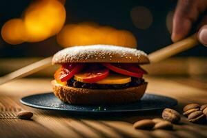 uma Hamburger com tomates e nozes em uma placa. gerado por IA foto