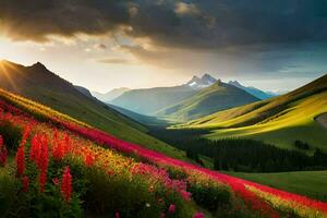 a Sol brilha sobre uma campo do flores e montanhas. gerado por IA foto