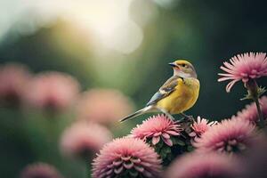 uma amarelo pássaro é empoleirado em topo do Rosa flores gerado por IA foto