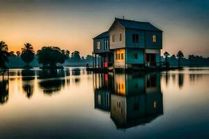 uma casa em palafitas dentro a meio do uma lago. gerado por IA foto