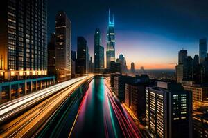 uma cidade às noite com tráfego luzes e edifícios. gerado por IA foto