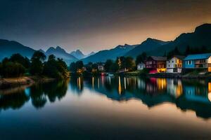 foto papel de parede a céu, montanhas, lago, casa, a noite, a montanhas, a lago. gerado por IA