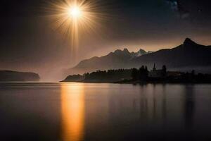 a Sol brilha sobre uma lago e montanhas. gerado por IA foto