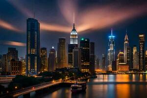 a cidade Horizonte às noite com luzes sobre. gerado por IA foto