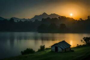 a Sol sobe sobre a lago e a montanhas dentro isto lindo foto. gerado por IA foto