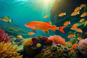 a embaixo da agua cena com peixe e coral. gerado por IA foto