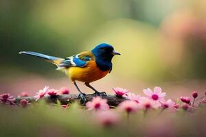 foto papel de parede a pássaro, flores, primavera, flores, pássaro, pássaro, pássaro, pássaro,. gerado por IA